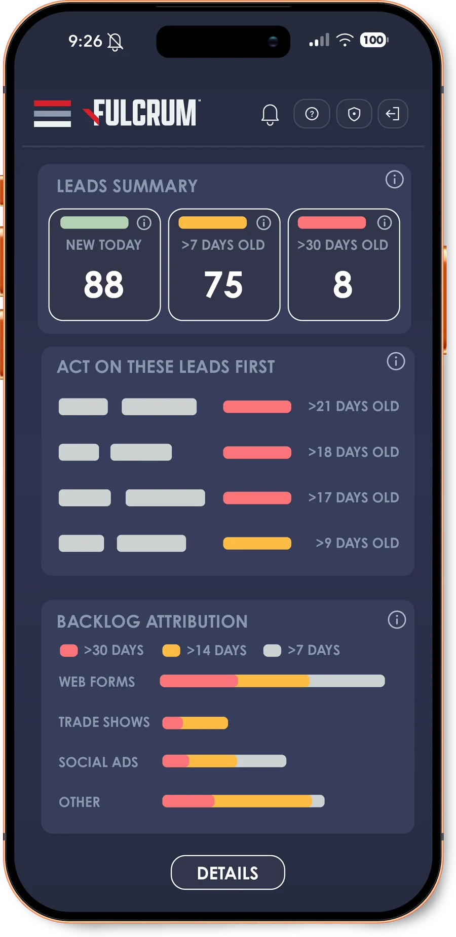 Fulcrum leads summary on a phone